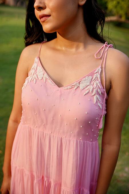 Gul By Aishwarya Pink Viscose Chiffon Floral, Bead V Neck Embroidered Dress at Aza Fashions Gul By Aishwarya_Pink Viscose Chiffon Floral, Bead V Neck Embroidered Dress _at_Aza_Fashions