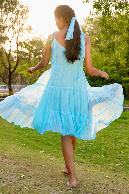 Shop Gul By Aishwarya Blue Viscose Chiffon Floral, Bead V Neck Tiered Dress at Aza Fashions Shop_Gul By Aishwarya_Blue Viscose Chiffon Floral, Bead V Neck Tiered Dress _at_Aza_Fashions