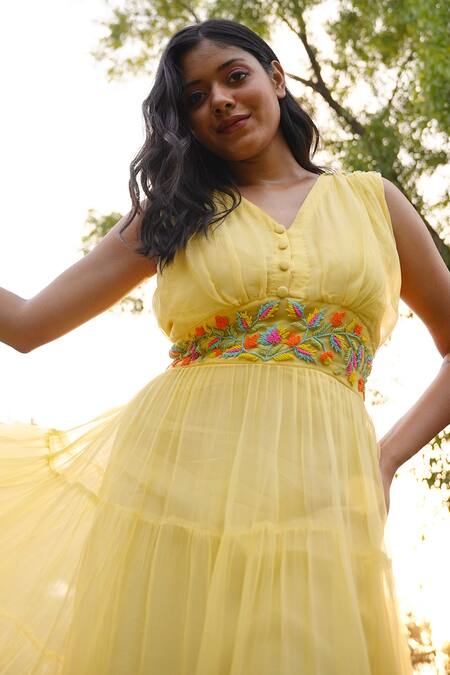 Gul By Aishwarya Yellow Viscose Chiffon Floral, Bead V Neck Embroidered Dress Online at Aza Fashions Gul By Aishwarya_Yellow Viscose Chiffon Floral, Bead V Neck Embroidered Dress _Online_at_Aza_Fashions