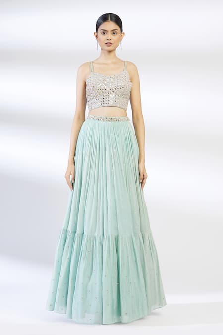 Buy Chamee And Palak Green Blended Georgette Embroidered Silk Lehenga Set Online at Aza Fashions Buy_Chamee And Palak_Green Blended Georgette Embroidered Silk Lehenga Set _Online_at_Aza_Fashions