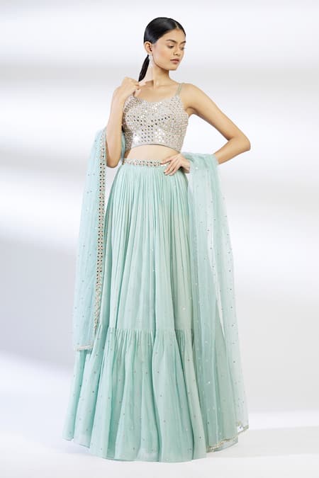 Chamee And Palak Green Blended Georgette Embroidered Silk Lehenga Set Online at Aza Fashions Chamee And Palak_Green Blended Georgette Embroidered Silk Lehenga Set _Online_at_Aza_Fashions