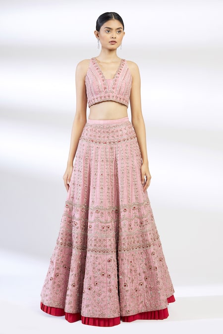 Chamee And Palak Pink Raw Silk, Organza Embroidered Lehenga Set Online at Aza Fashions Chamee And Palak_Pink Raw Silk, Organza Embroidered Lehenga Set _Online_at_Aza_Fashions