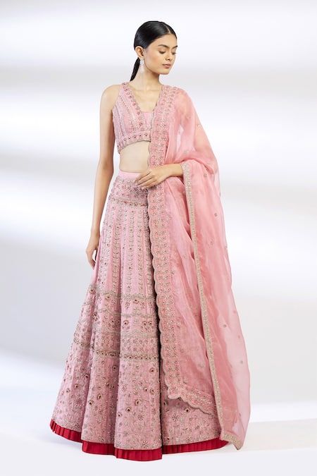 Chamee and Palak Pink Raw Silk Embroidered Lehenga Set 