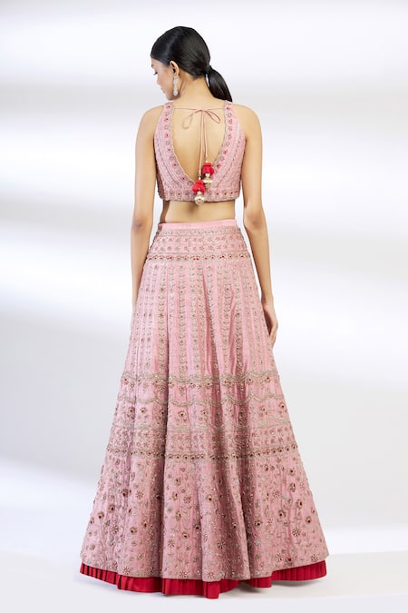 Shop Chamee And Palak Pink Raw Silk, Organza Embroidered Lehenga Set at Aza Fashions Shop_Chamee And Palak_Pink Raw Silk, Organza Embroidered Lehenga Set _at_Aza_Fashions