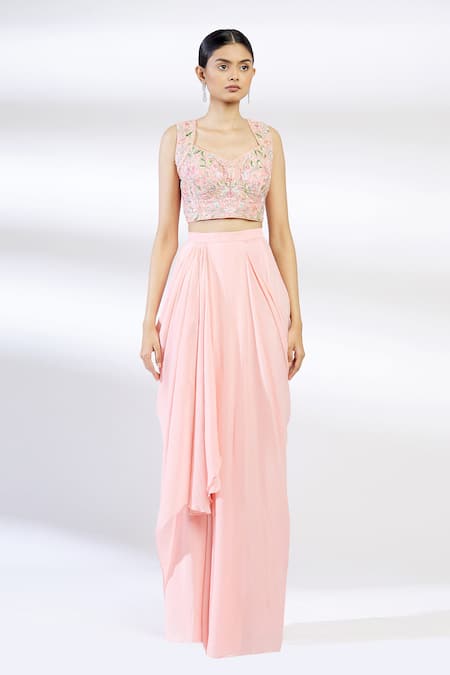 Chamee And Palak_Pink Raw Silk, Net, Blended Georgette Embroidered Lehenga Set _Online_at_Aza_Fashions