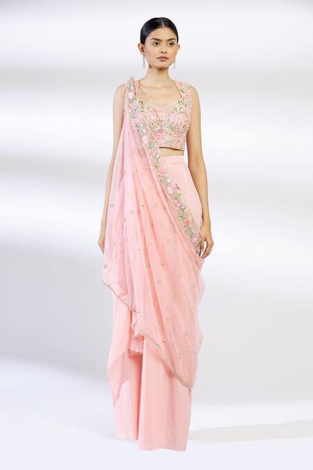Buy_Chamee And Palak_Pink Raw Silk, Net, Blended Georgette Embroidered Lehenga Set _Online_at_Aza_Fashions