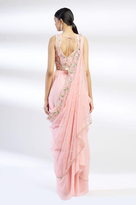 Shop_Chamee And Palak_Pink Raw Silk, Net, Blended Georgette Embroidered Lehenga Set _at_Aza_Fashions