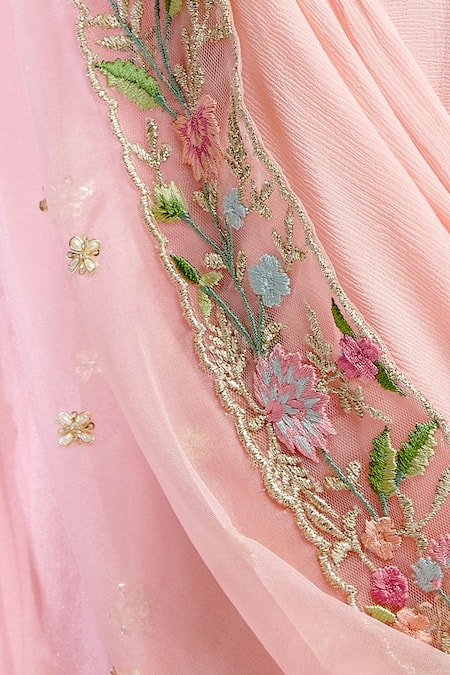 Chamee And Palak_Pink Raw Silk, Net, Blended Georgette Embroidered Lehenga Set _at_Aza_Fashions