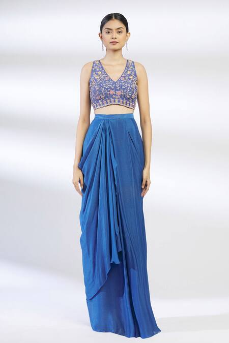 Chamee And Palak Blue Raw Silk, Net, Blended Georgette Lehenga Set With Embroidered Jacket Online at Aza Fashions Chamee And Palak_Blue Raw Silk, Net, Blended Georgette Lehenga Set With Embroidered Jacket _Online_at_Aza_Fashions