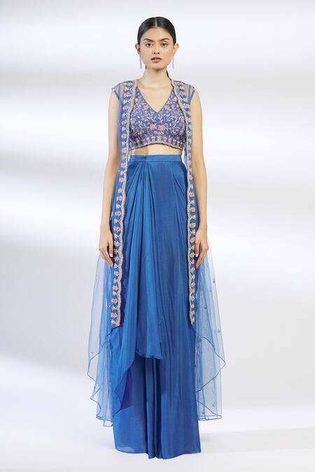 Buy Chamee And Palak Blue Raw Silk, Net, Blended Georgette Lehenga Set With Embroidered Jacket Online at Aza Fashions Buy_Chamee And Palak_Blue Raw Silk, Net, Blended Georgette Lehenga Set With Embroidered Jacket _Online_at_Aza_Fashions