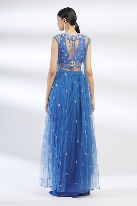 Shop Chamee And Palak Blue Raw Silk, Net, Blended Georgette Lehenga Set With Embroidered Jacket at Aza Fashions Shop_Chamee And Palak_Blue Raw Silk, Net, Blended Georgette Lehenga Set With Embroidered Jacket _at_Aza_Fashions