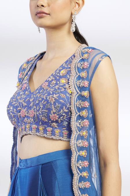 Chamee And Palak Blue Raw Silk, Net, Blended Georgette Lehenga Set With Embroidered Jacket at Aza Fashions Chamee And Palak_Blue Raw Silk, Net, Blended Georgette Lehenga Set With Embroidered Jacket _at_Aza_Fashions
