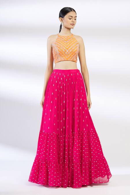 Chamee And Palak Pink Raw Silk, Net, Blended Georgette Embroidered Lehenga Set Online at Aza Fashions Chamee And Palak_Pink Raw Silk, Net, Blended Georgette Embroidered Lehenga Set _Online_at_Aza_Fashions