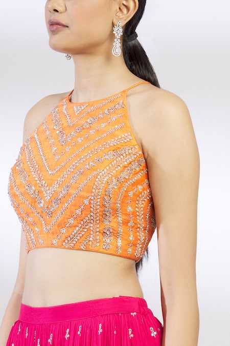 Chamee And Palak Pink Raw Silk, Net, Blended Georgette Embroidered Lehenga Set at Aza Fashions Chamee And Palak_Pink Raw Silk, Net, Blended Georgette Embroidered Lehenga Set _at_Aza_Fashions