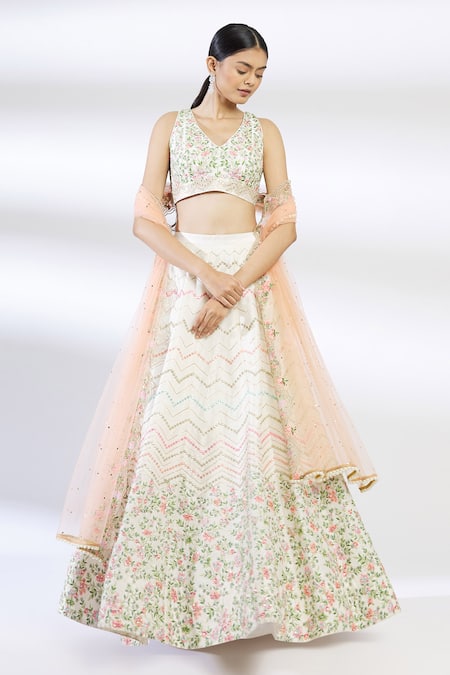 Chamee And Palak White Net, Dupion Silk Embroidered Lehenga Set 