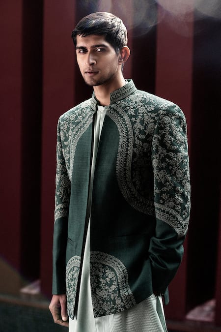 Shop_Gargee Designers_Green Silk Slub Embroidered Dori Work Bandhgala Set _at_Aza_Fashions