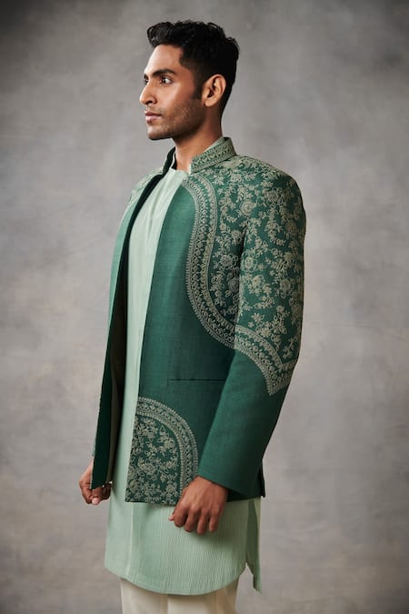 Gargee Designers_Green Silk Slub Embroidered Dori Work Bandhgala Set _Online_at_Aza_Fashions