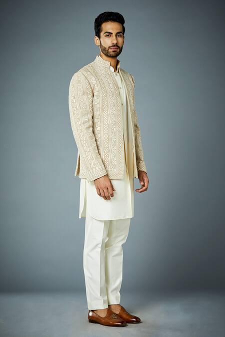 Gargee Designers_Beige Jacket  Matka Silk, Kurta And Pant  Cotton Embroidered Bandhgala & Set _Online_at_Aza_Fashions