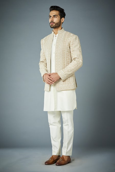 Buy_Gargee Designers_Beige Jacket  Matka Silk, Kurta And Pant  Cotton Embroidered Bandhgala & Set _Online_at_Aza_Fashions