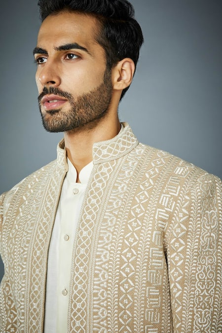 Shop_Gargee Designers_Beige Jacket  Matka Silk, Kurta And Pant  Cotton Embroidered Bandhgala & Set _Online_at_Aza_Fashions
