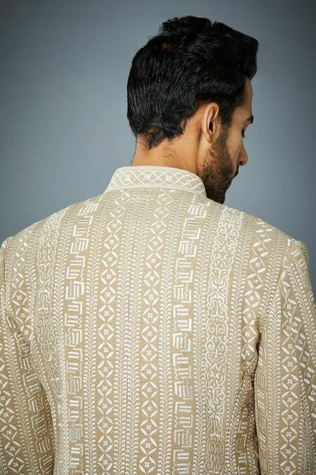 Gargee Designers_Beige Jacket  Matka Silk, Kurta And Pant  Cotton Embroidered Bandhgala & Set _at_Aza_Fashions