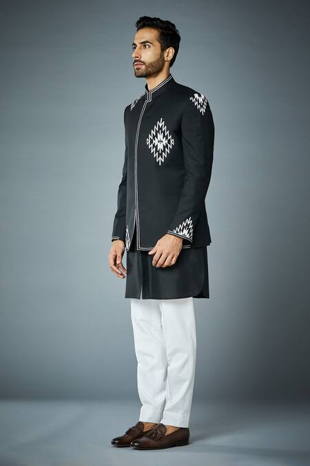 Gargee Designers_Black Jacket  Poly Wool, Kurta And Pant  Cotton Embroidered Bandhgala & Set _Online_at_Aza_Fashions