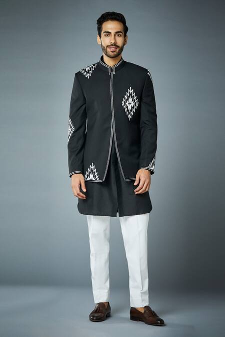 Buy_Gargee Designers_Black Jacket  Poly Wool, Kurta And Pant  Cotton Embroidered Bandhgala & Set _Online_at_Aza_Fashions