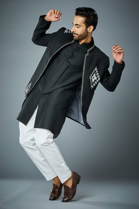 Shop_Gargee Designers_Black Jacket  Poly Wool, Kurta And Pant  Cotton Embroidered Bandhgala & Set _Online_at_Aza_Fashions