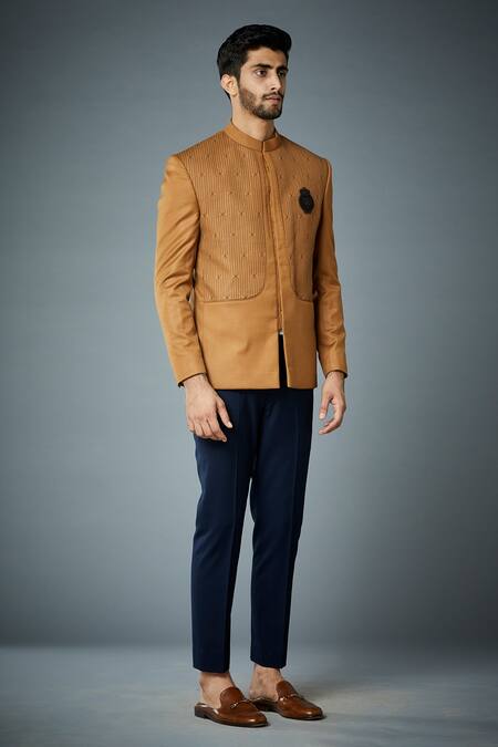 Gargee Designers_Yellow Polyester Cross Stitch, Brooch Defence Embroidered Bandhgala Set _Online_at_Aza_Fashions