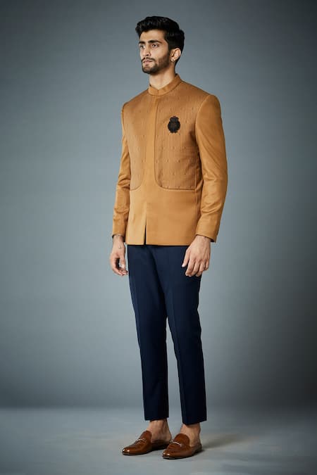 Buy_Gargee Designers_Yellow Polyester Cross Stitch, Brooch Defence Embroidered Bandhgala Set _Online_at_Aza_Fashions