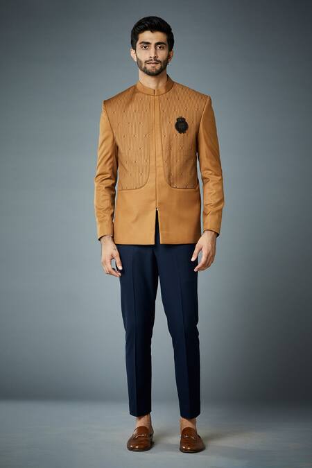 Shop_Gargee Designers_Yellow Polyester Cross Stitch, Brooch Defence Embroidered Bandhgala Set _Online_at_Aza_Fashions