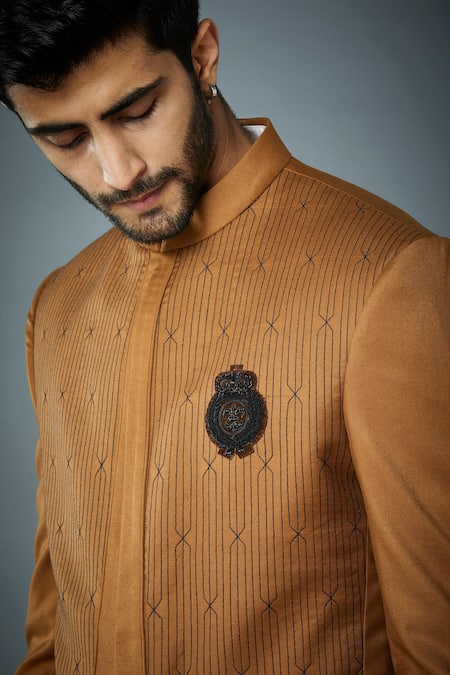 Gargee Designers_Yellow Polyester Cross Stitch, Brooch Defence Embroidered Bandhgala Set _at_Aza_Fashions