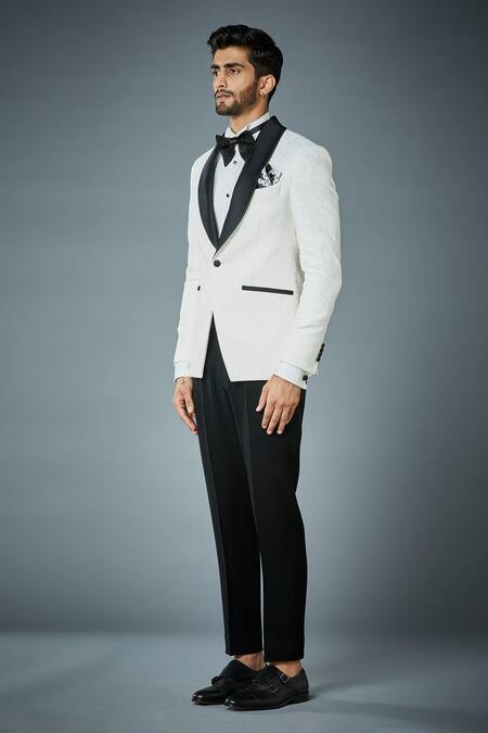 Gargee Designers_White Jacket Embossed , Pant Floral Tuxedo And Set_Online_at_Aza_Fashions