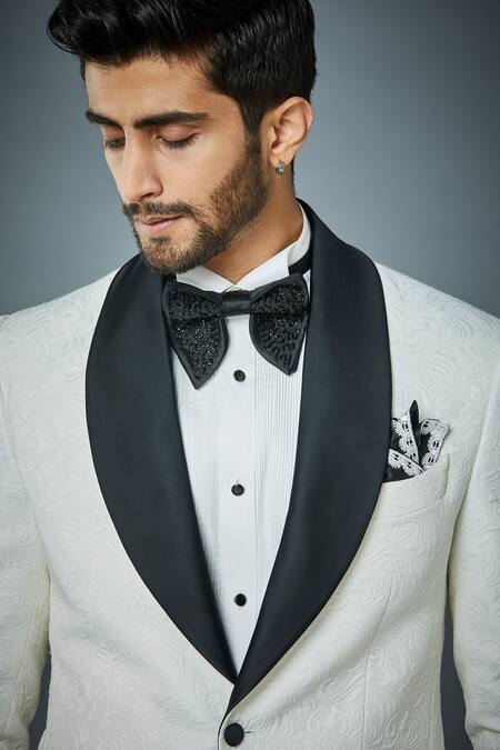 Shop_Gargee Designers_White Jacket Embossed , Pant Floral Tuxedo And Set_Online_at_Aza_Fashions