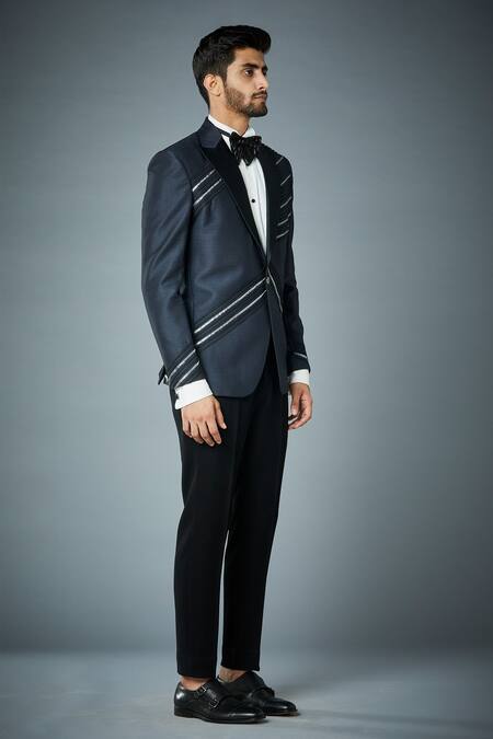 Gargee Designers_Grey Jacket Textured , Pant Tape Embellished Tuxedo And Set _Online_at_Aza_Fashions