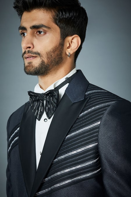 Shop_Gargee Designers_Grey Jacket Textured , Pant Tape Embellished Tuxedo And Set _Online_at_Aza_Fashions