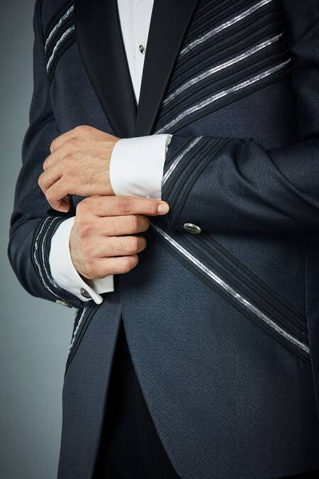 Gargee Designers_Grey Jacket Textured , Pant Tape Embellished Tuxedo And Set _at_Aza_Fashions