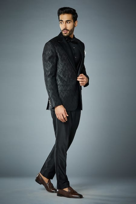 Gargee Designers_Black Jacket Crinkled Polyester, Pant And Waistcoat Lapel Collar Tuxedo Set _Online_at_Aza_Fashions