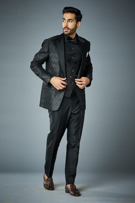 Buy_Gargee Designers_Black Jacket Crinkled Polyester, Pant And Waistcoat Lapel Collar Tuxedo Set _Online_at_Aza_Fashions
