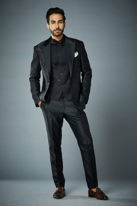 Shop_Gargee Designers_Black Jacket Crinkled Polyester, Pant And Waistcoat Lapel Collar Tuxedo Set _Online_at_Aza_Fashions