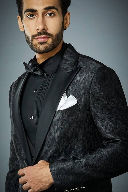 Gargee Designers_Black Jacket Crinkled Polyester, Pant And Waistcoat Lapel Collar Tuxedo Set _at_Aza_Fashions