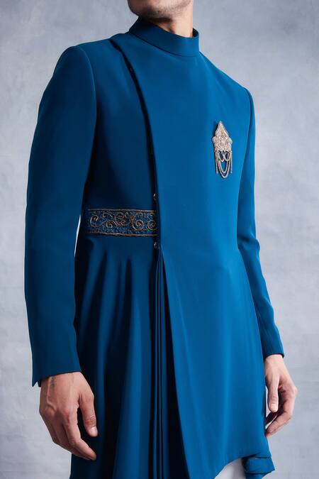 Shop Gargee Designers Blue Jacket Poly Viscose Draped Set Online at Aza Fashions Shop_Gargee Designers_Blue Jacket Poly Viscose Draped Set _Online_at_Aza_Fashions