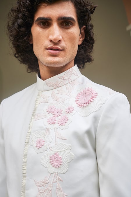 Gargee Designers White Sherwani Poly Viscose Floral Embroidered Set Online at Aza Fashions Gargee Designers_White Sherwani Poly Viscose Floral Embroidered Set _Online_at_Aza_Fashions