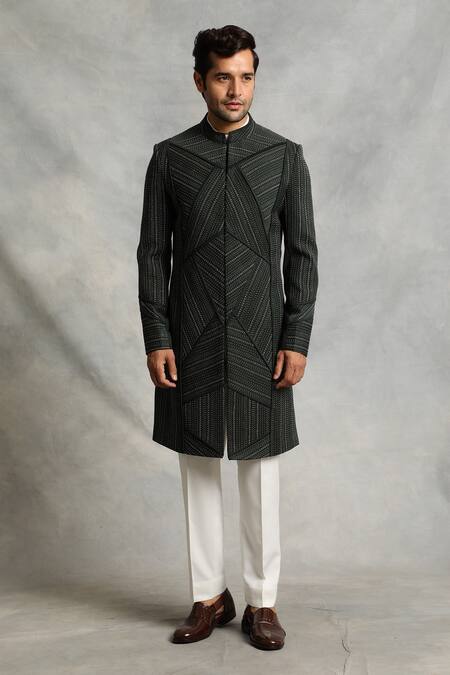 Gargee Designers_Green Sherwani Poly Viscose Kantha Work Set _Online_at_Aza_Fashions