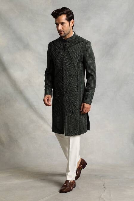 Buy_Gargee Designers_Green Sherwani Poly Viscose Kantha Work Set _Online_at_Aza_Fashions