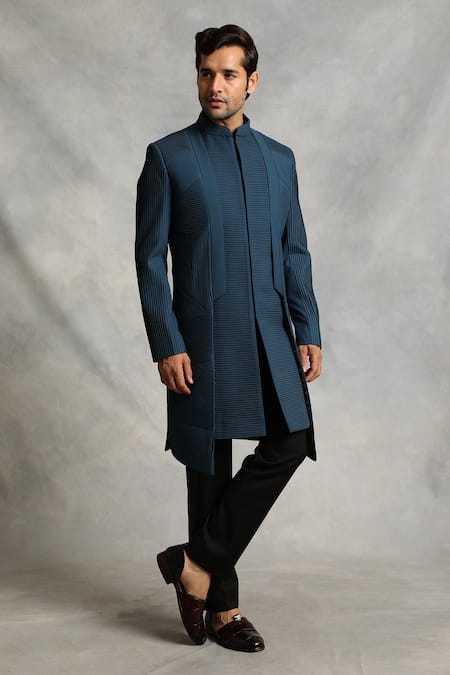 Gargee Designers_Blue Sherwani Poly Viscose Pleated And Pintuck Set _Online_at_Aza_Fashions