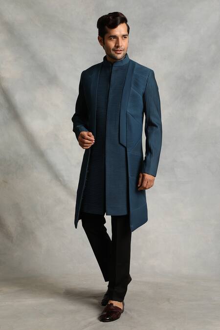 Buy_Gargee Designers_Blue Sherwani Poly Viscose Pleated And Pintuck Set _Online_at_Aza_Fashions