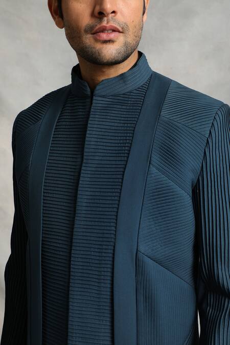 Shop_Gargee Designers_Blue Sherwani Poly Viscose Pleated And Pintuck Set _Online_at_Aza_Fashions