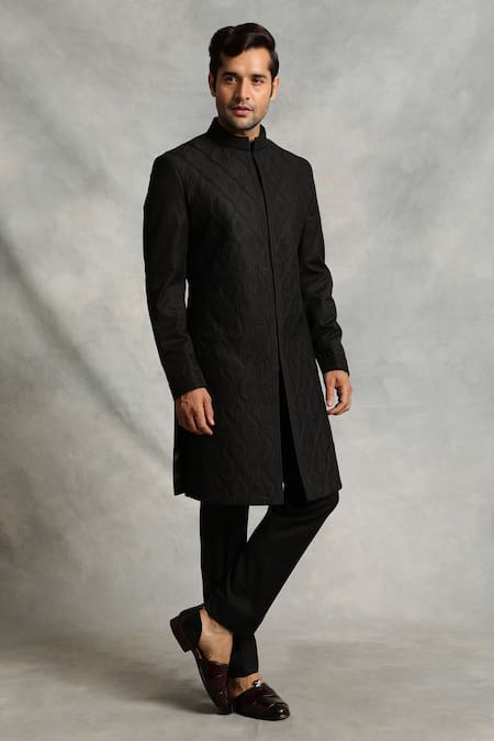 Gargee Designers_Black Sherwani Poly Viscose Floral Embroidered Set _Online_at_Aza_Fashions