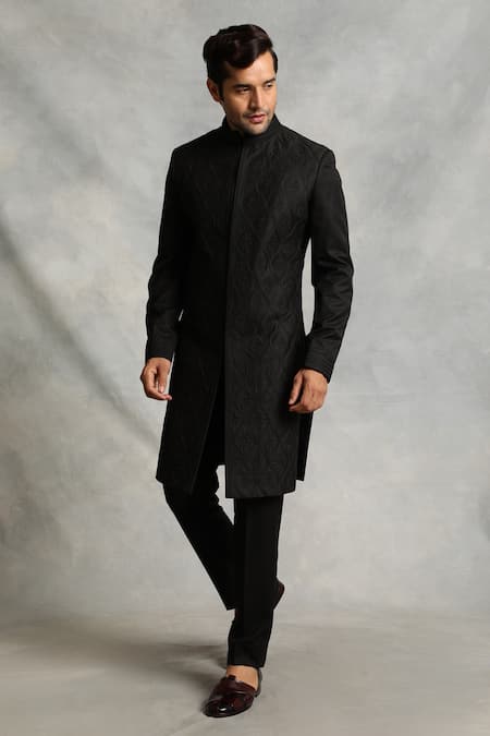 Buy_Gargee Designers_Black Sherwani Poly Viscose Floral Embroidered Set _Online_at_Aza_Fashions